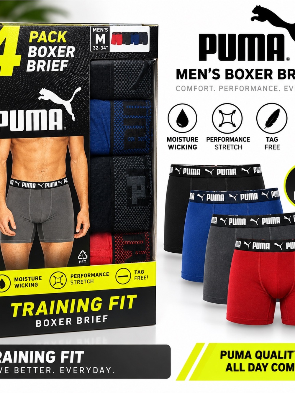 Puma Men's 4-Pack Boxer Briefs in Black, Blue, Gray & Red